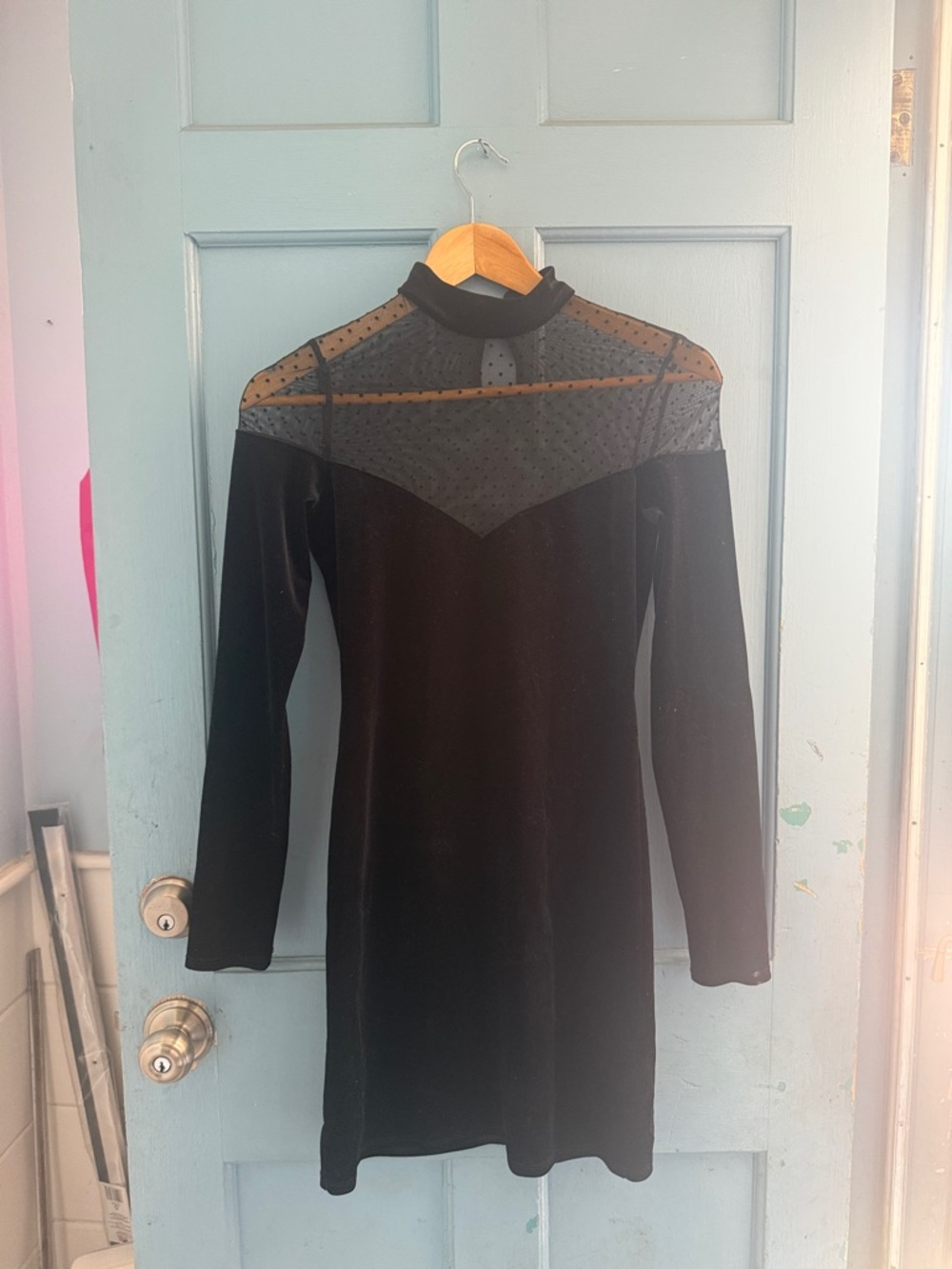 Bershka Black Velvet Dress with Sheer Polka-Dot Yoke